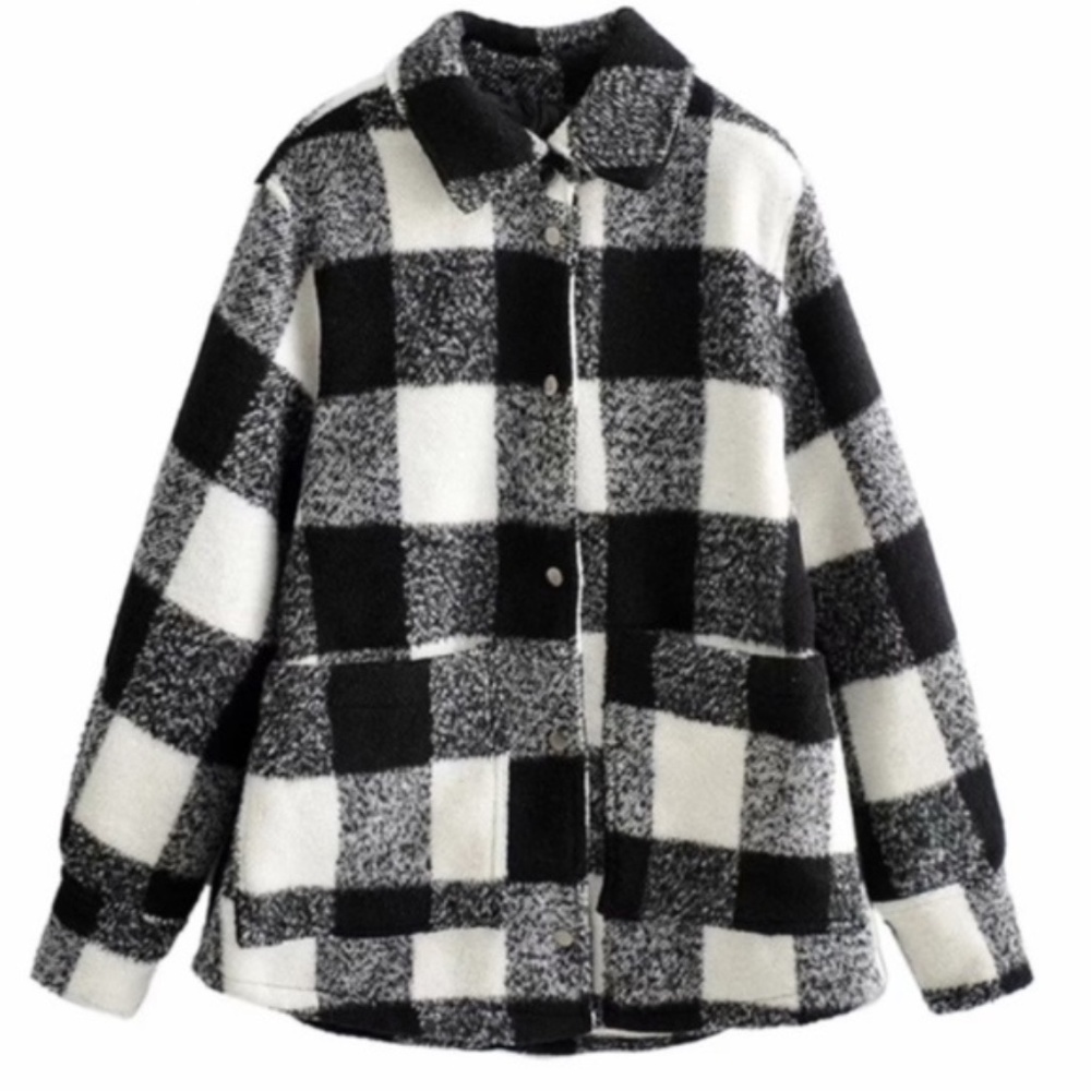 Boyfriend Fit Plaid Jacket Coat Black White - Picture 2 of 16